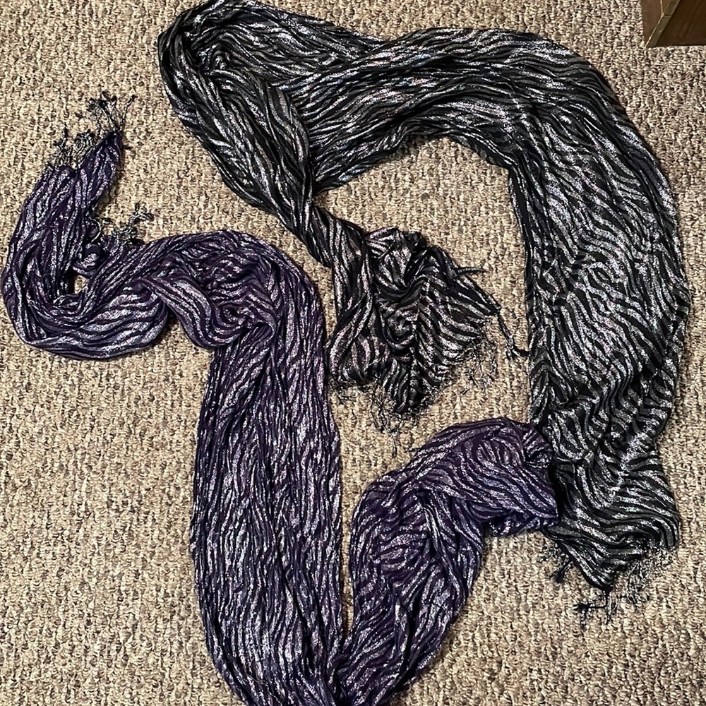 Two lane Bryant scarves silver/black and silver/purple zebra pattern.